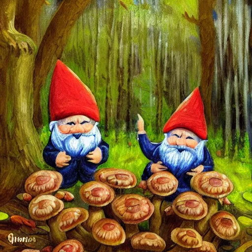 Prompt: gnomes working in a natural forest, building mushrooms, fairytale, impressionism