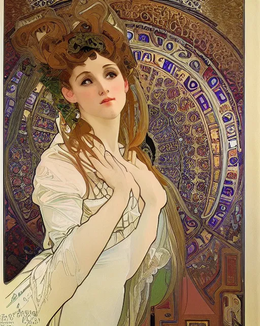 Prompt: painting by alphonse mucha, the interior of the opera house, in the depth of the hall there is an illuminated stage with a singer in a white dress, a palette of pastel colors