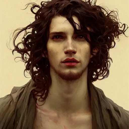 Prompt: young man with long curly brown hair and blood dripping down his face , face, detailed, intricate, elegant, highly detailed, digital painting, artstation, concept art, smooth, sharp focus, illustration, art by Krenz Cushart and Artem Demura and alphonse mucha