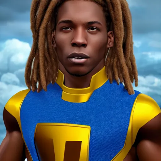 Image similar to a marvel movie style portrait design featuring a young male african american superhero johnny storm with brown dreadlocks hair, blue uniform with the number 4 on the chest in a round logo, full body, hair and arms on fire, cinematic, high detail, no imperfections, extremely symmetric facial features, unreal engine, 8 k, by kevin fiege