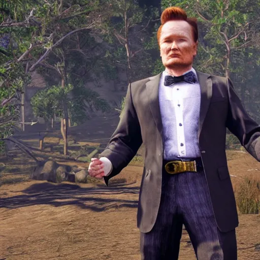 Prompt: Conan O'Brien as a holy preacher, in game screenshot of Red Redemption 2