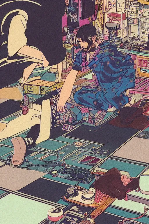 Image similar to awe-inspiring 1980s Japanese cyberpunk style illustration of a grandfather with a beard sitting on the floor by Masamune Shiro and Katsuhiro Otomo, studio ghibli color scheme, dark, complex