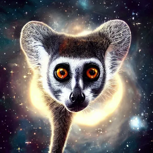 Image similar to geometric symmetrical lemur with galaxy eyes in space, nebula in the background, intricate, elegant, highly detailed, digital painting, artstation, concept art, smooth, sharp focus, illustration, art by artgerm