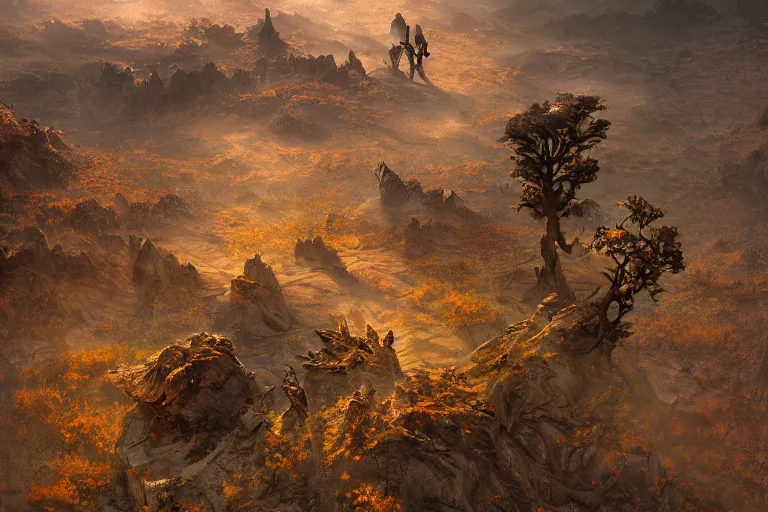 Image similar to high aerial shot, cinematic fantasy painting, dungeons and dragons, barren dry land, desert valley of bones, a single autumn maple bonsai, with sunset lighting ominous shadows by jessica rossier and brian froud