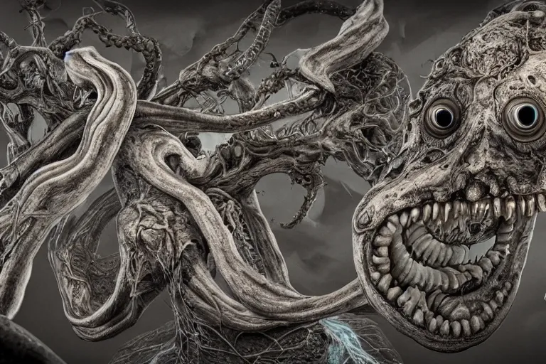 Image similar to highly detailed grays anatomy anatomical illustration biological shoggoth eldritch slithering and decaying fungus - like growths with multiple mouths, eyes and teeth everywhere, rendered in unreal engine 5, 8 k, trending on flickr
