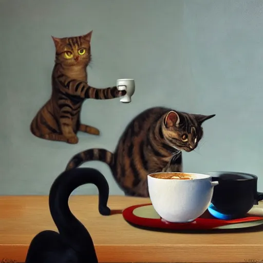 Image similar to highly detailed, 4k, oil painting of cats drinking coffee by Caravaggio, Matisse, and Rothko, surrealism, rendered by unreal engine