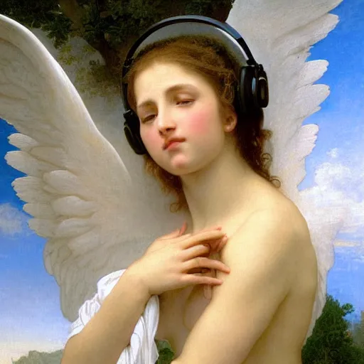 Image similar to an oil painting of an angel with headphones listening to vaporwave, by Bouguereau, highly detailed and intricate,