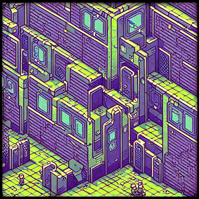 Prompt: an absurdly-detailed isometric cyberpunk alleyway colored-pen drawing as a fancy square tile