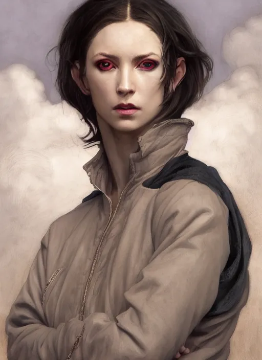 Image similar to portrait demon half human, elegant, wearing a bomber jacket, armor, hyper realistic, horns, extremely detailed, dnd character art portrait, fantasy art,, dramatic lighting, vivid colors, deviant art, artstation, by edgar maxence and caravaggio and michael whelan and delacroix, lois van baarle and bouguereau