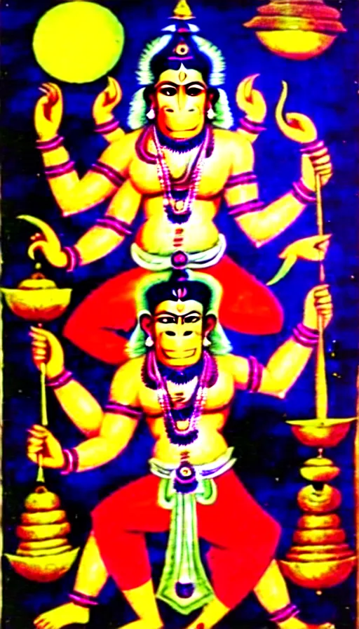 Image similar to hanuman gets together with the gods of the vedic culture of india against the background of the universe