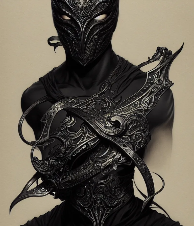 Image similar to ultra realistic illustration, a male with black mask, black t - shirt, intricate, elegant, highly detailed, digital painting, artstation, concept art, smooth, sharp focus, illustration, art by artgerm and greg rutkowski and alphonse mucha