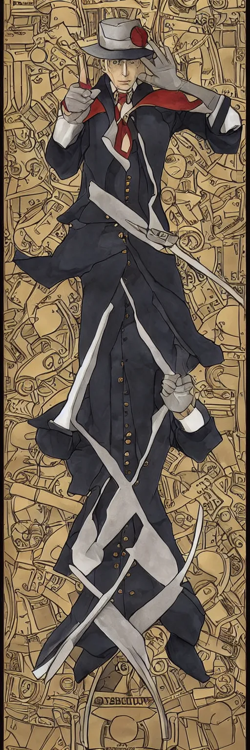 Image similar to the judge from Ace Attorney with a beam scale in one hand. Tarot card Justice, impressive art, detailed, single subject, high quality