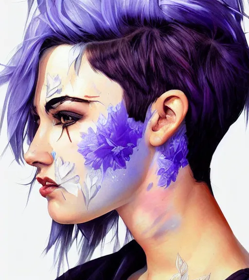 Prompt: portrait of a young beautiful female with short blue-hair purple-skin artwork by Sandra Chevrier, metaverse, artstation