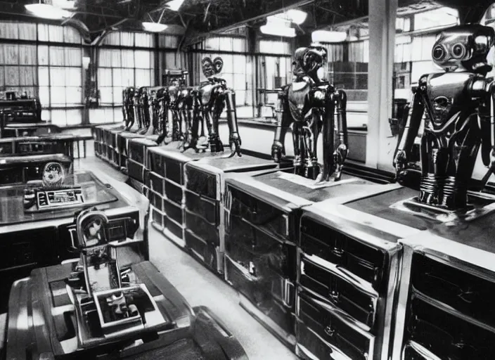 Prompt: realistic photo of the robot made of steel, shiny and fancy, standing in the wooden room full of medieval computers. displays are shiny 1 9 9 0, life magazine reportage photo