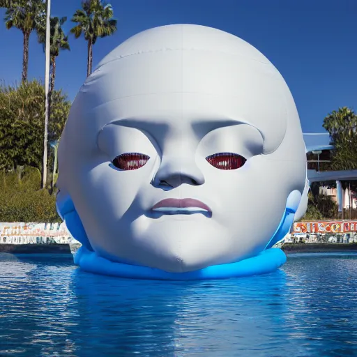 Image similar to a giant inflatable human head with open mouth on realistic water, in the style of chad knight, long shot, hyper detailed, hyper realistic, ray tracing, 8 k resolution, sharp focus, realistic water, award winning