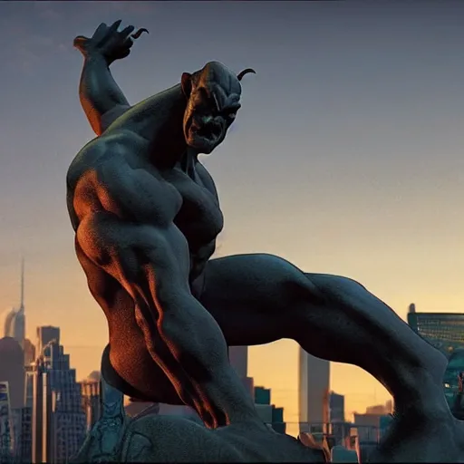 Image similar to a still from the live action film based on the 9 0 s series gargoyles, featuring the hero goliath, posed on top of a building at night, urban, full moon, skyline, new york city, highly detailed, live action cg render