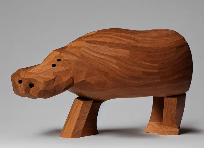 Image similar to a minimalist curvy shaped sculpture of hippopotamus!, wood and epoxy on top, cubic blocks stripes cuts, side view profile centered, studio, design, object, reddit