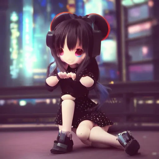 Image similar to cute fumo plush of a girl with prosthetic mechanical arms, blue velvet dress, bokeh, cyberpunk anime girl, vray