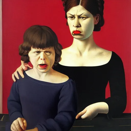 Image similar to a very angry mother is furious with her daughter by Raphael, Hopper, and Rene Magritte. detailed, romantic, enchanting, trending on artstation.