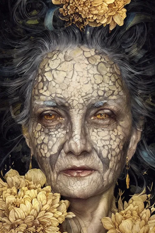Image similar to portrait of hairy old woman with diluted aquarelle painted skin. close up. very dark black hair, shiny gold eyes. intricate dark flowers pattern on background, high detail, by Peter mohrbacher and Eddie Mendoza