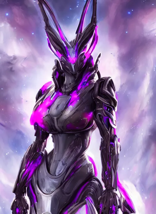 Image similar to cinematic front shot, cosmic beautiful stunning giant robot mecha hot female dragon goddess, sharp spines, sharp metal ears, smooth purple eyes, smooth fuschia skin, elegant smooth silver armor, nebula size, epic proportions, epic scale, macro furry, furry art, dragon art, goddess art, giantess art, warframe, warframe fanart, furaffinity, octane