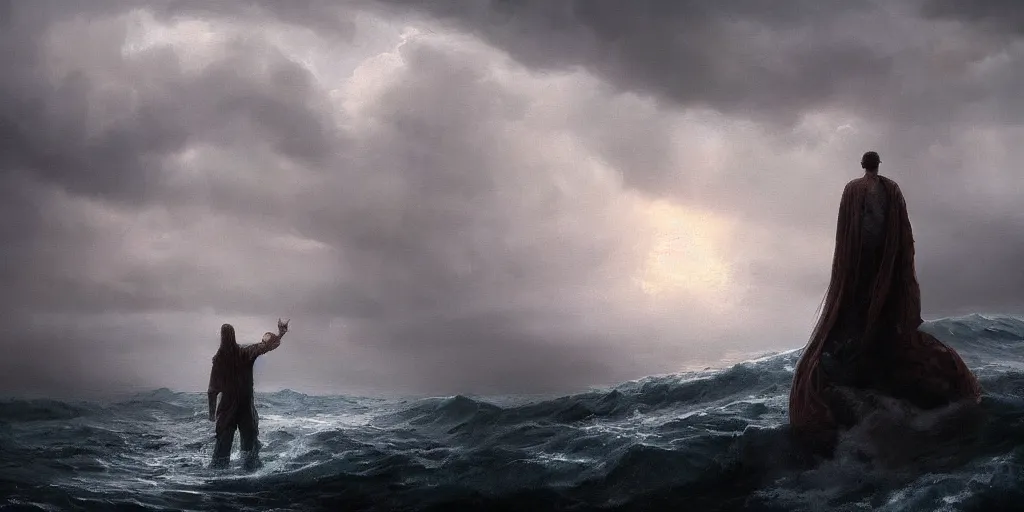 Image similar to Eldrich god rising out of the ocean, hyper realistic oil painting, dark, moody cinematic lighting, creepy, fog, storm clouds, by greg rutkowski, trending on artstation