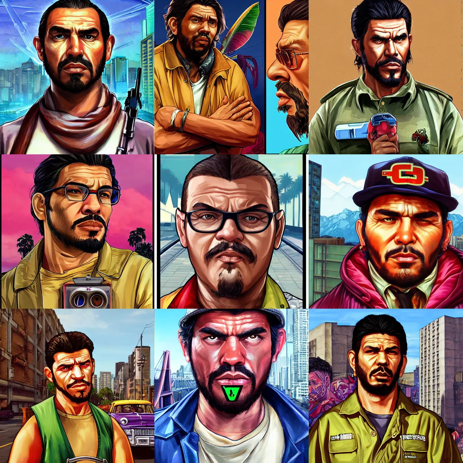 Prompt: Che guavara as a character in the game GTA VI, with a background based on the game League of Legends, detailed face, photorealistic pAINTING BY android jones, alex grey, chris dyer, and aaron brooks