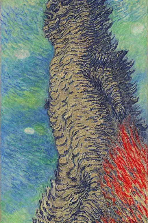 Image similar to shinzo abe face on Godzilla painting by claude monet