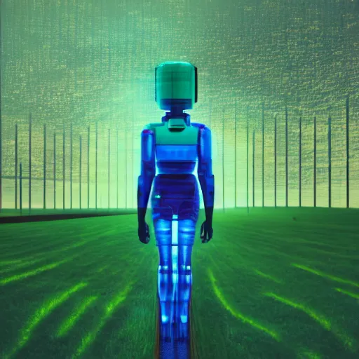 Image similar to a woman walking across a green field, a huge blue robot head in front of her, cyberpunk art by beeple, cgsociety, retrofuturism, synthwave, retrowave, outrun