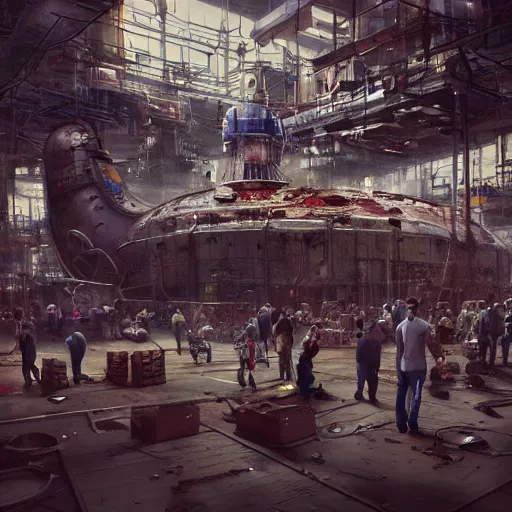 Image similar to a giant mickey mouse head, factory floor, surrounded by factory workers, octane render, cgstation, 3 d render, very detailed, mindblowing, blood and guts, gritty, cyberpunk, cinematic lighting, hyper realism