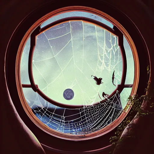 Image similar to peering out into the night sky from a fixed window, a spiderweb is depicted and a toenail sits in the center of the spiderweb, illustrating it as a crescent moon, trending on artstation, 4 k photorealism, 4 k quality, lush, soft, glowing lighting, beautifully ornate atmosphere, cgsociety contest winner