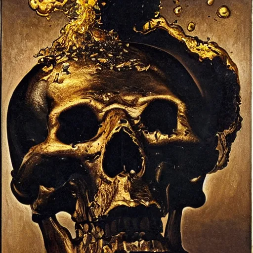 Prompt: gustave coubert painting of molten gold poured over a black shiny onyx human skull, 3 / 4 angle. liquid molten gold fluid dripping from top, slips over and drains to bottom