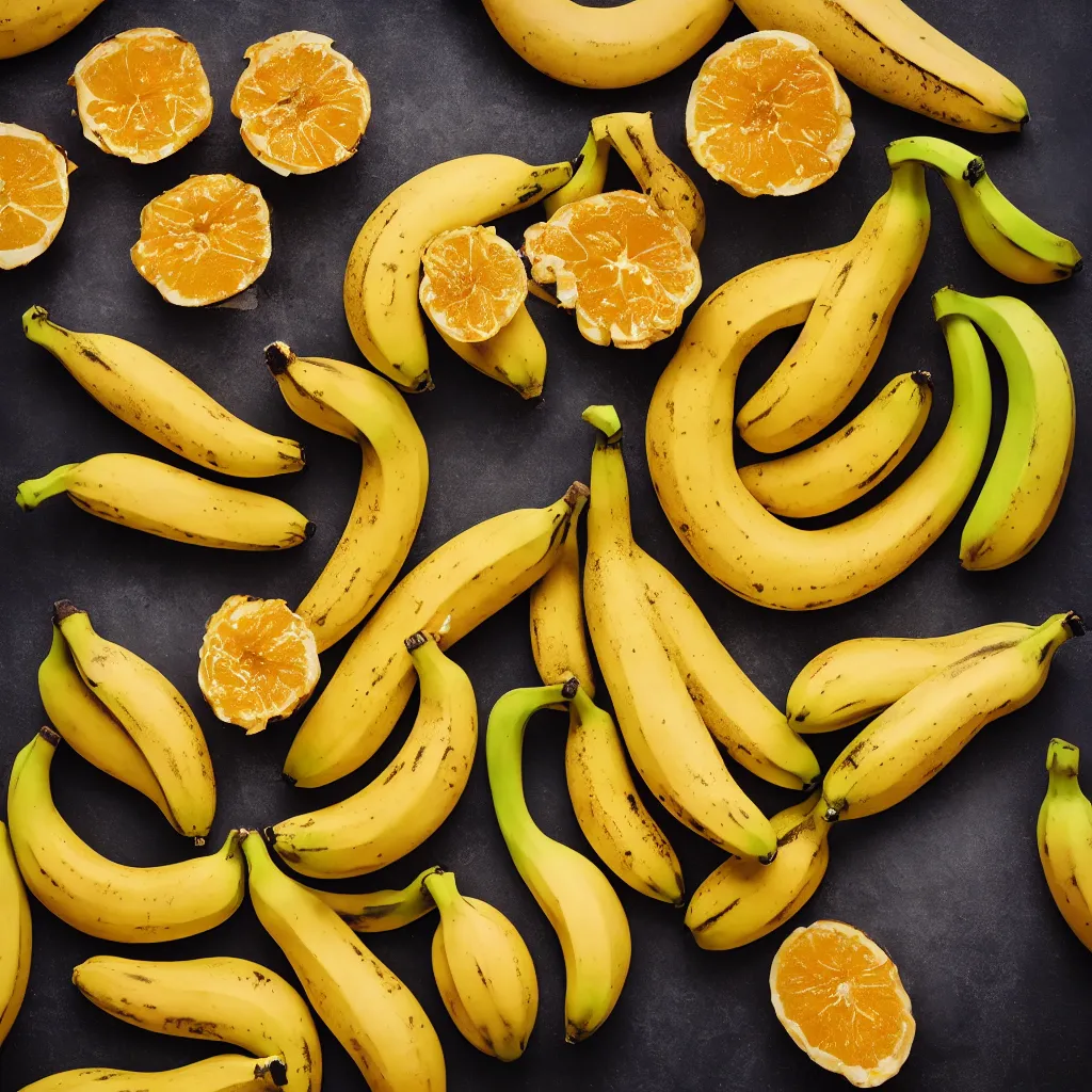 Image similar to fat spotted bananas in the shape of juicy open oranges, closeup, hyper real, food photography, high quality