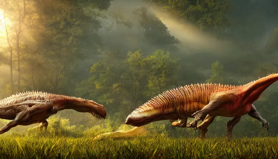 Image similar to hyper realistic highly detailed nature photography of a spinosaurus, prehistoric planet, volumetric lighting, octane render, 4 k resolution, golden hour