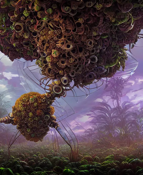 Image similar to a giant weird industrial plant hive made out of isopod wasp octopus, in the style of a strange exotic spaceship, overgrown with disturbing orchids, godbeams, partly cloudy, somber, dramatic lighting, by dan mumford, yusuke murata, makoto shinkai, ross tran, cinematic, unreal engine, cel shaded, featured on artstation, pixiv