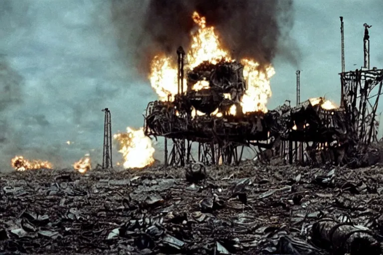 Image similar to An apocalyptic scene of A nestle oil derrick destroyed after the alien invasion, 70mm Imax, Cinematic, Film Still, Directed by Michael bay