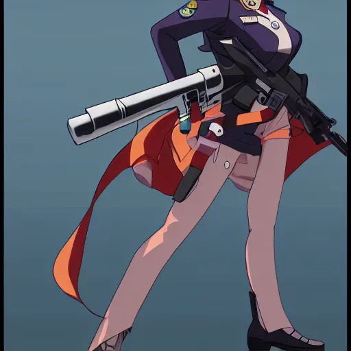 Prompt: stunning police woman pointing gun, cinematic shot, animation cel for anime movie, designed by haruhiko mikimoto, studio trigger, gainax, intense colors, trending on artstation, fan favorite design