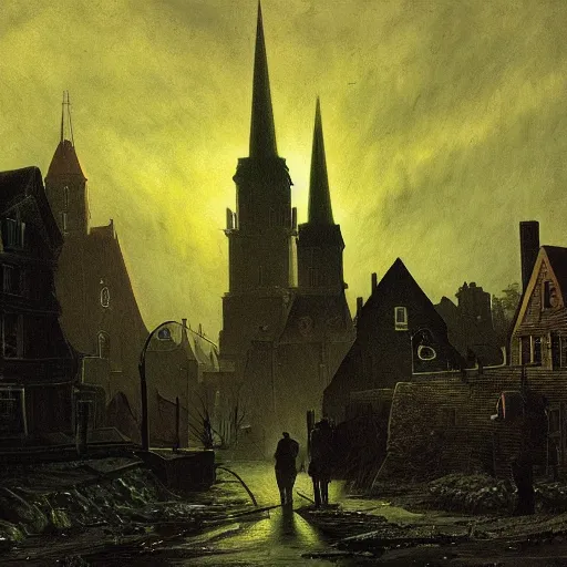 Image similar to zombies, innsmouth, fishing town, church, night, dramatic light, lovecraft, painted by caspar david friedrich