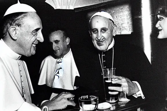 Image similar to a 1 9 5 0 s photo of the pope drinking at a bar