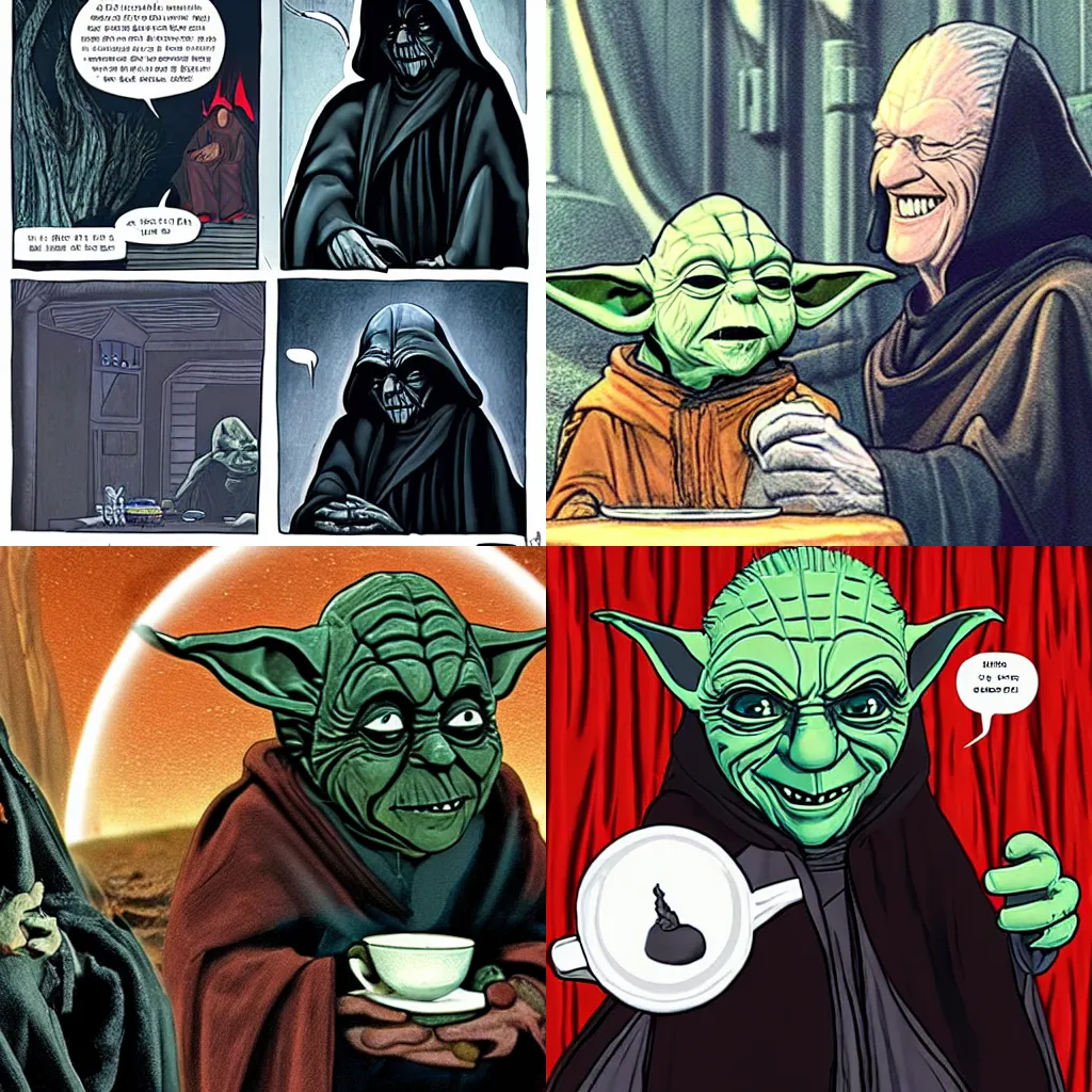 Prompt: Hooded Emperor Palpatine smiling and having tea with Yoda in his hut on Dagobah