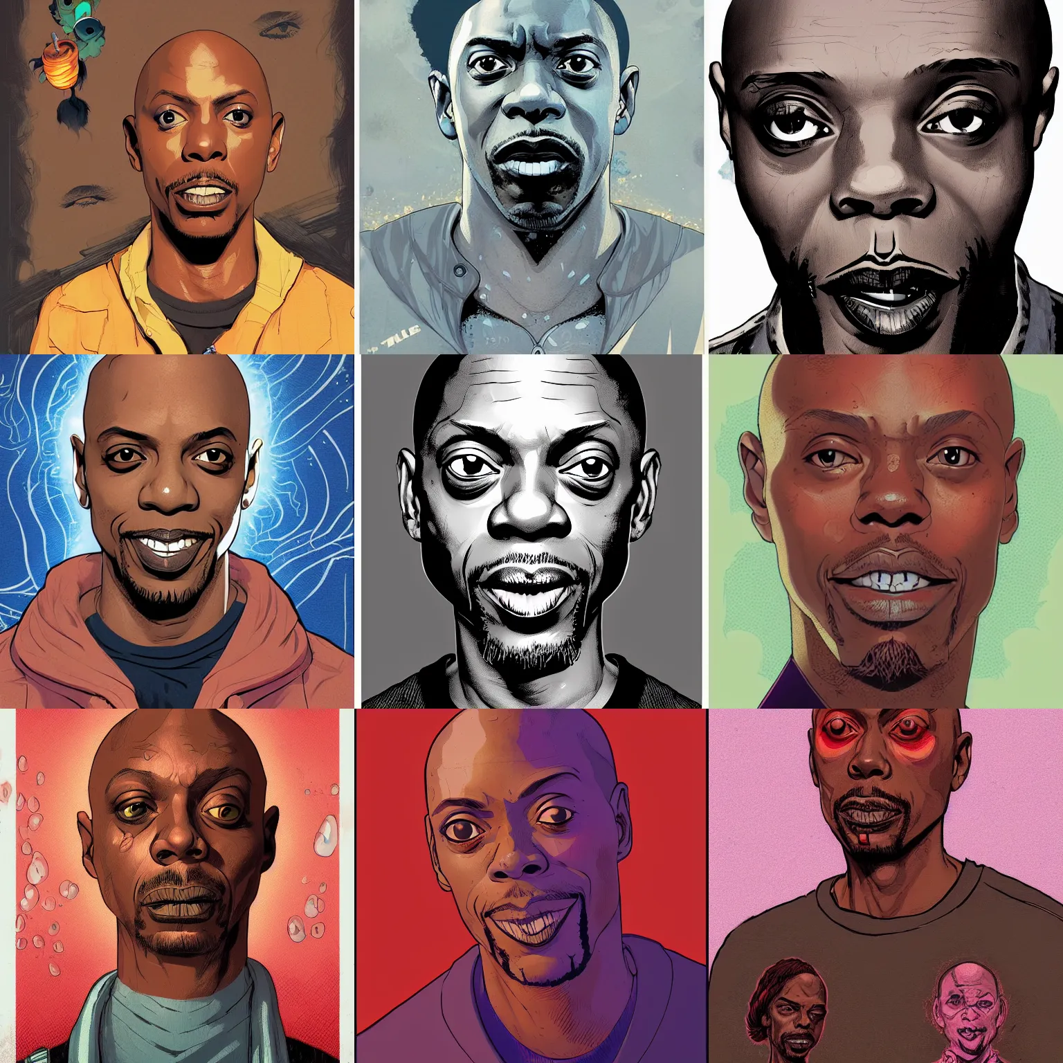 Prompt: a study of cell shaded portrait of Dave Chapelle concept art, llustration, post grunge, concept art by josan gonzales and wlop, by james jean, Victo ngai, David Rubín, Mike Mignola, Laurie Greasley, highly detailed, sharp focus, alien, Trending on Artstation, HQ, deviantart, art by artgem