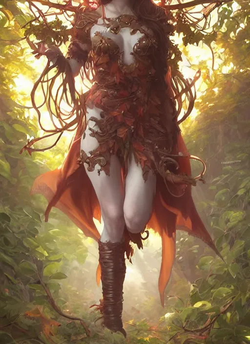 Image similar to innocent cute Tiefling Druid with long horns, colorful leaves on light leather armor, glowing tree staff, light-brown skin, highly detailed, digital painting, artstation, concept art, sharp focus, illustration, art by artgerm and greg rutkowski and alphonse mucha