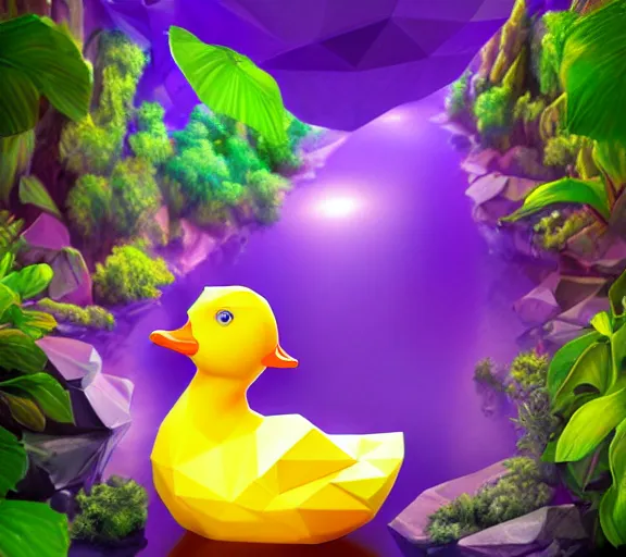 Image similar to diamond in the shape of a low - poly rubber duck floating in a pool of purple perfume surrounded by plants, inside a cave, glistering magic particles, ambient lighting, photorealism, mystical, enigmatic, digital oil painting, trending on artstation