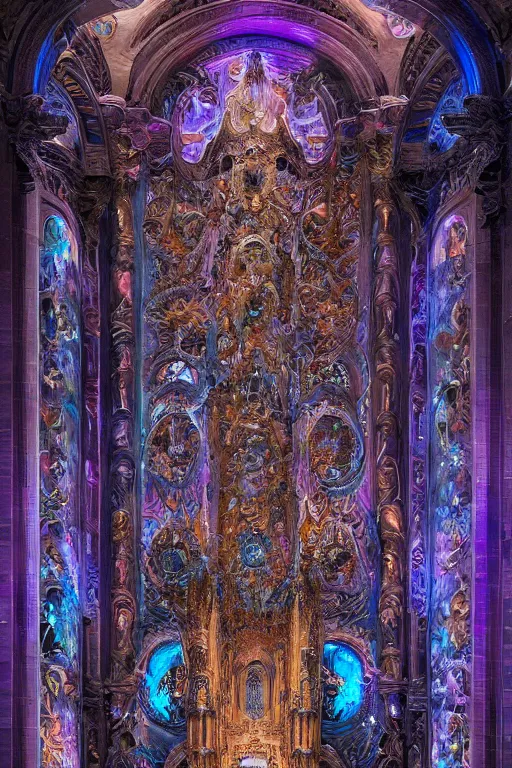 Image similar to intricately detailed calm warm terrifying forms and made of soft translucent blue and violet plastic, glowing cosmic nebulae in an ornate rococo cathedral, intricately detailed colorful modern style by Damien Hirst, Artstation