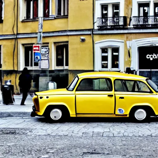 Image similar to a yellow trabant in berlin, illustration