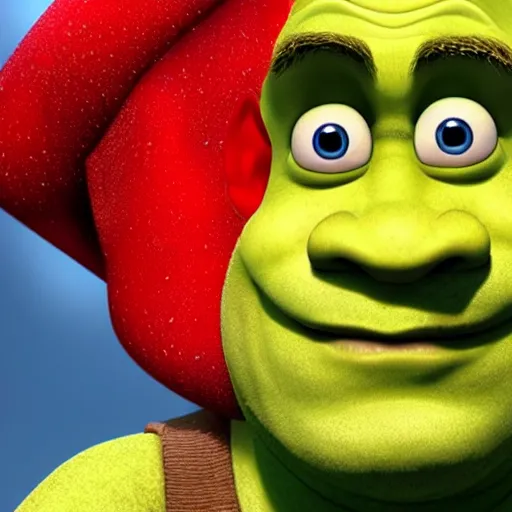 Image similar to shrek wearing mario hat, 8 k