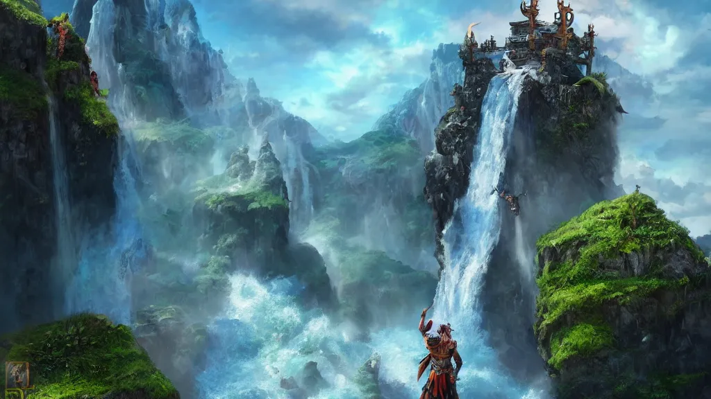 Image similar to A Fantasy Warrior, standing on a cliffside, beside a beautiful colourful waterfall, over looking a large Fantasy city in the middle of the ocean, trending artstation, 8k, highly detailed, matte painting, concept art