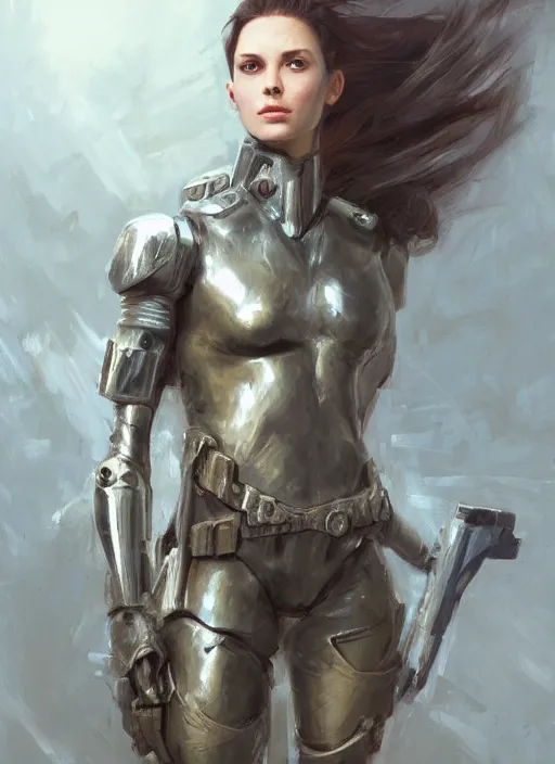 Image similar to a professional painting of a beautiful young female, clothed in military armor, olive skin, long dark hair, beautiful bone structure, symmetrical facial features, intricate, elegant, digital painting, concept art, smooth, sharp focus, illustration, from Metal Gear, by Ruan Jia and Mandy Jurgens and Artgerm and William-Adolphe Bouguerea