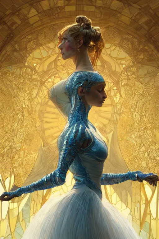 Image similar to hyperdetailed robotic ballerina with blue human eyes, human eyes, symetry, golden ratio, intricate, detailed, volumetric lighting, scenery, digital painting, highly detailed, artstation, sharp focus, illustration, artstation, art by artgerm and greg rutkowski and alphonse mucha