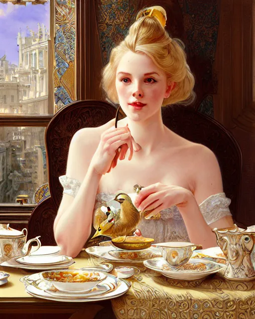 Image similar to Portrait of a blonde lady & a mallard & a pig having tea at the Ritz, real life skin, intricate, elegant, highly detailed, artstation, concept art, smooth, sharp focus, art by artgerm and greg rutkowski and alphonse mucha